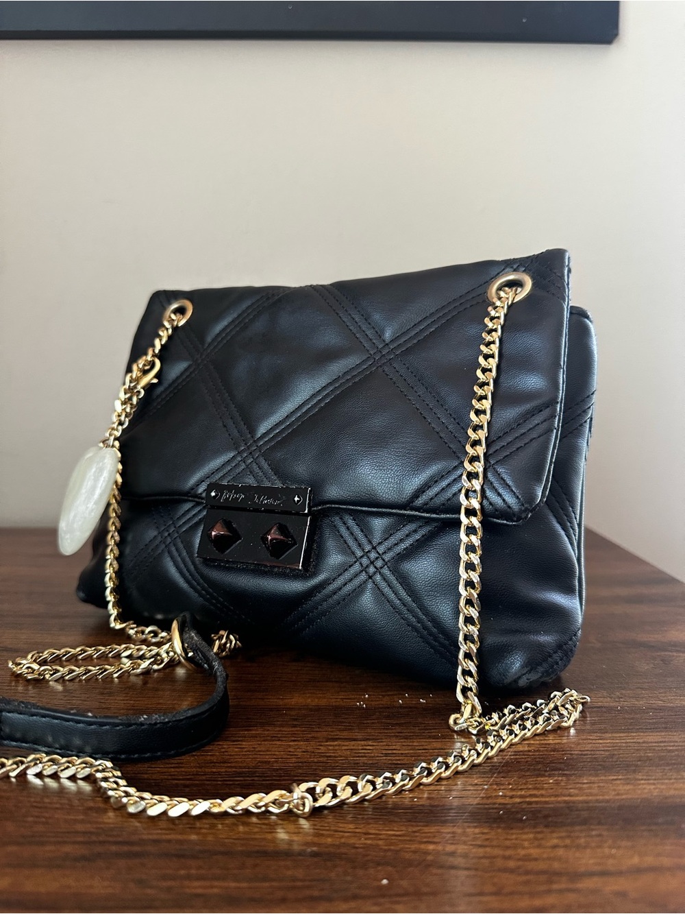 Betsey Johnson Quilted Black Flap Over Shoulder Bag